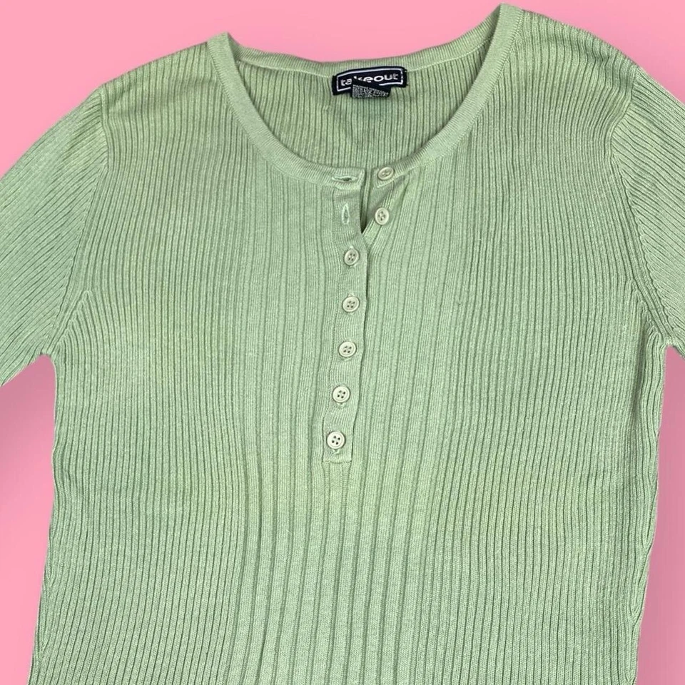 women’s Sz S Takeout vintage 90s green ribbed knit henley longsleeve top  - Image 3 of 4