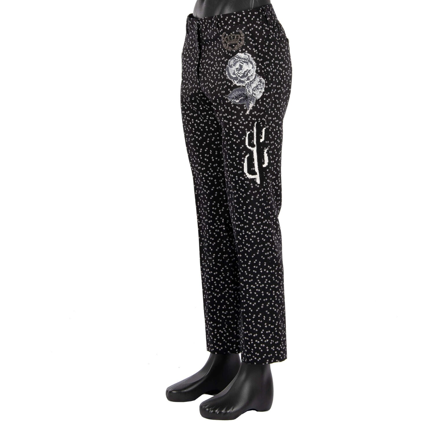 DOLCE & GABBANA Wool Pants Trousers w. Flowers Bee Crown Embroidery Black 11309