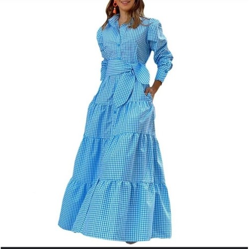 WOMEN'S LONG SLEEVE VINTAGE CHECKED MAXI DRESS SOLID, CASUAL RUFFLE DRESS - L - 第 2/9 張圖片