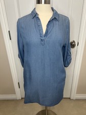 Thread & Supply Dress Size M Chambray Shift Short Sleeve Collard  V Neck Blue