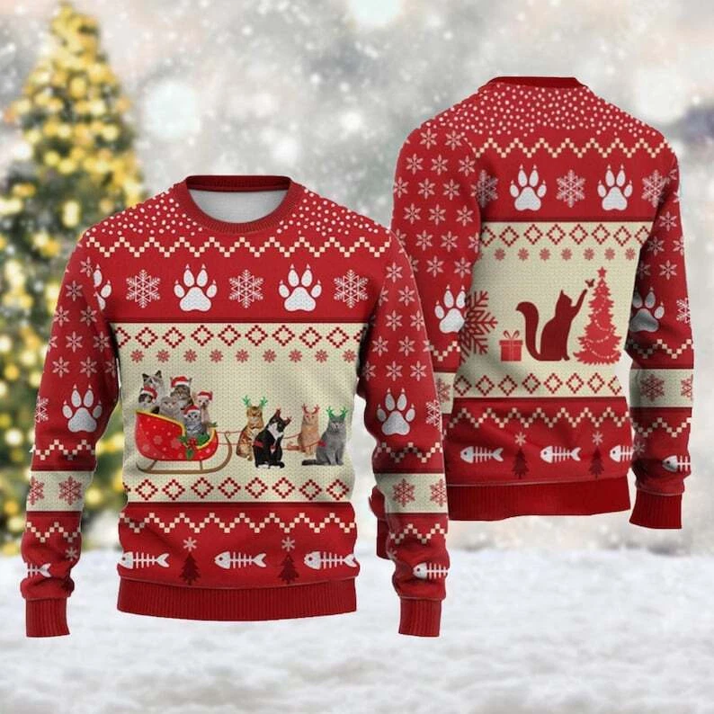 Cat Reindeer Christmas Sweater, Funny Cat Xmas Sweatshirt, Santa Reindeer Ugly Sweater