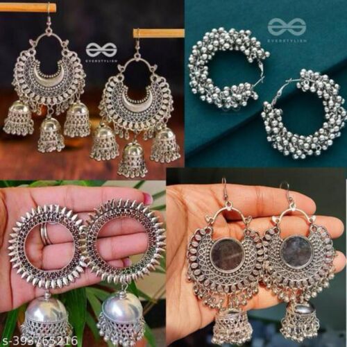 New  trendy silver oxidized beatiful Hand-crafted earrings & jhumka combo pack 4 - Picture 1 of 4