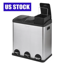 3-Compartment Stainless Steel Kitchen Trash and Recycling Bin 16 gal Trash Cans