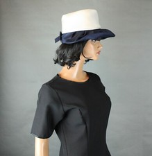 60s Sun Hat Sz L Vintage Shiny Off White Navy Blue Wide Brim Bucket Hat w/ Bow