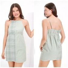 American Eagle Small S Green Plaid Cotton Linen Halter Sheath Mini Sun Dress