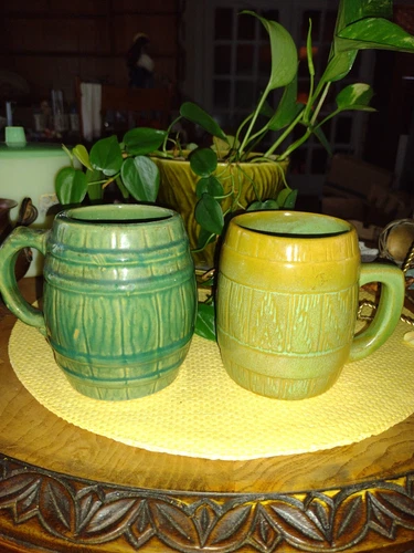 Set Of 2 Green  Heavy Barrel Stoneware Mugs 1930's One McCoy; One Unmarked 