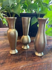 Heavy Gold Tone Bud Vase Trio Vintage Decor Brass Look 
