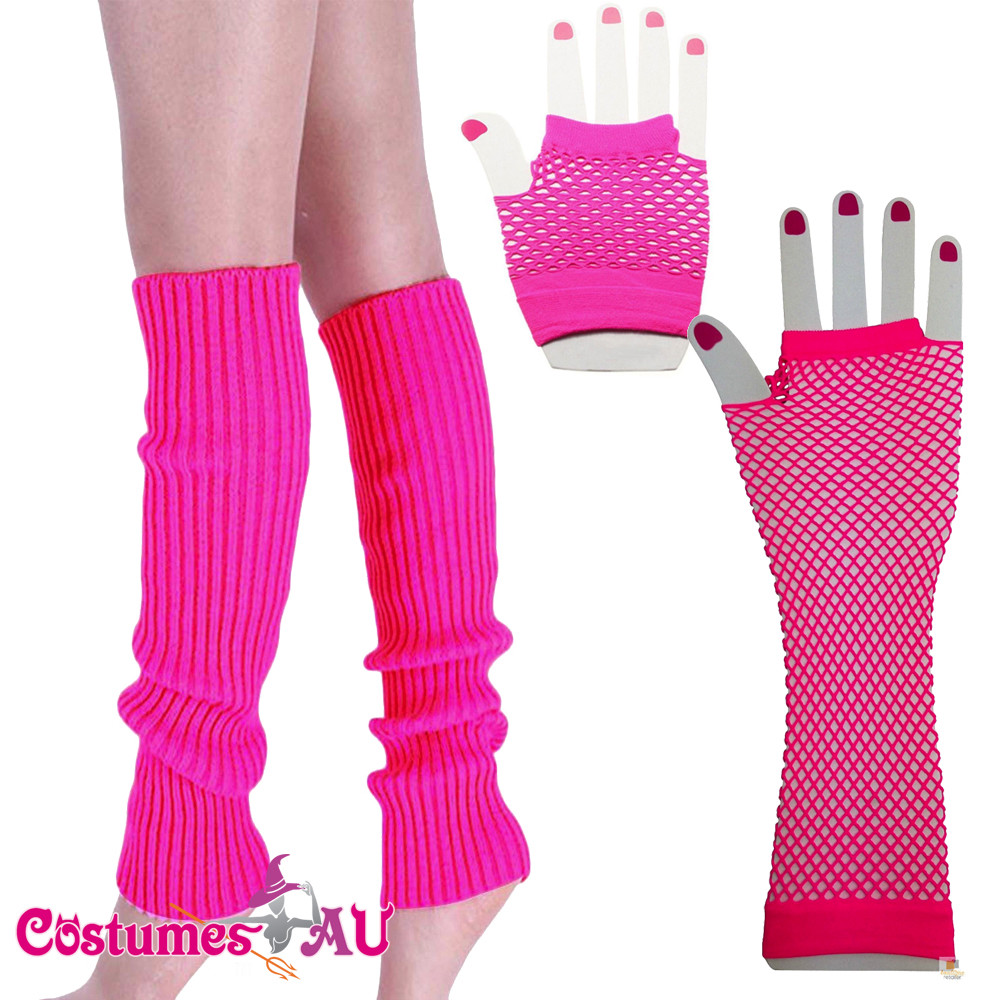 80s Neon Hot Pink Fishnet Gloves Leg Warmers 80's Party Girl