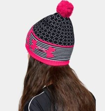 UA Under Armour Girls Beanie Hat Black-Pink-Gray w Pom Youth MED 4-6Y BRAND NEW
