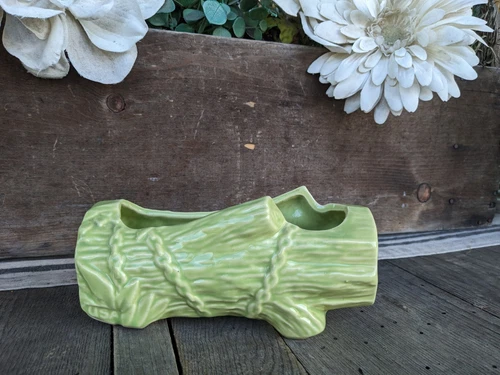 Vintage MCM McCoy Art Pottery Green Planter Log with Chain & Fern Leaf