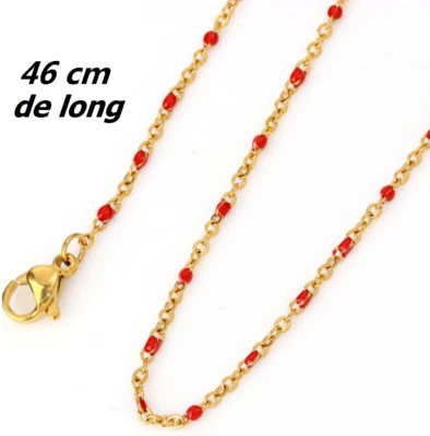 Collier,chaîne très fine femme mini perle émail rouge Acier Inoxydable 46cm - Photo 1/3