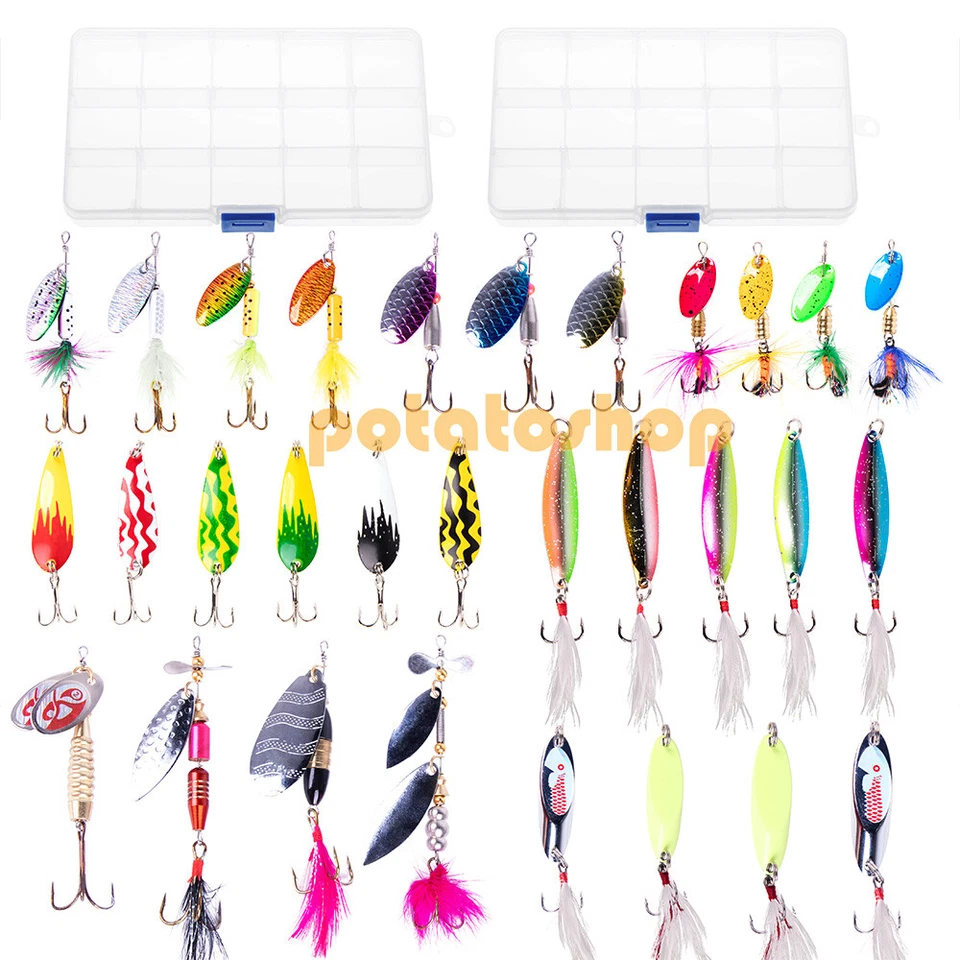 30pcs Metal Mixed Spinner Fishing Lure Fish Hook Bass Sea Fishing Feather In Box — 第 2/4 张图片