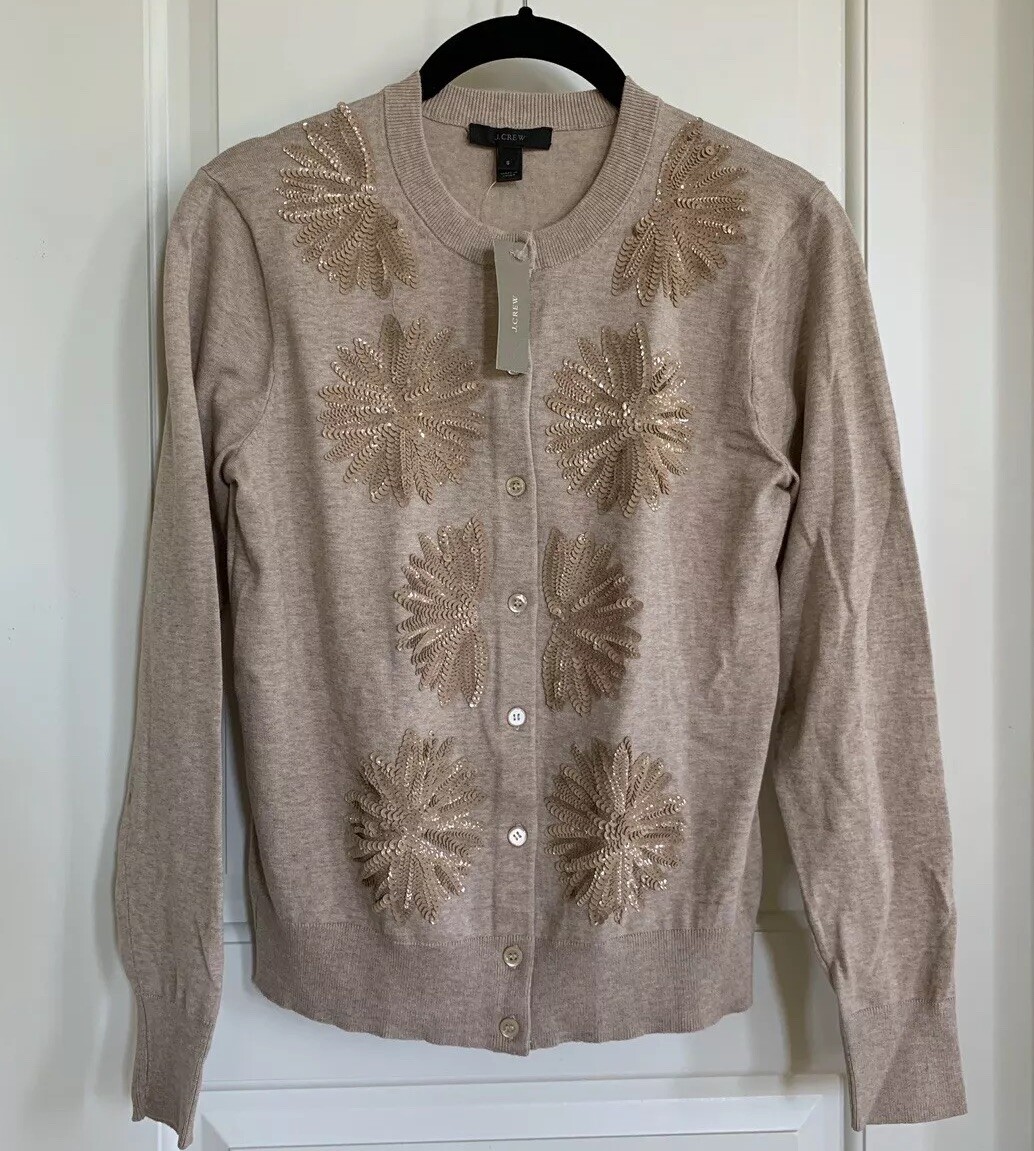 NWT J CREW Embellished Jackie Cardigan SMALL Heather Sand Brown