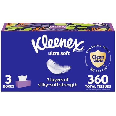Kleenex Ultra Soft Facial Tissues, 3 Flat Boxes, 120 Count (Pack of 3), White 