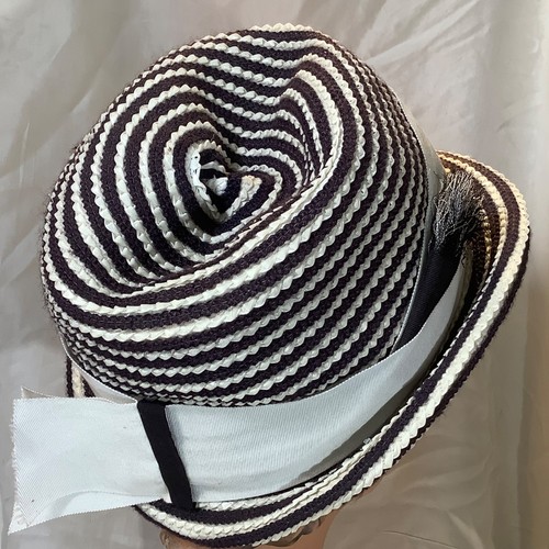 Vintage hat Sonni striped Black white Straw fedora Trilby spiral Funky artsy 70s - Picture 5 of 8