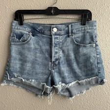 Women  s Express vintage high rise destructed 2.5  shortie denim jeans shorts 4