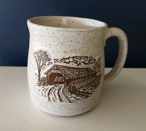 Onion River Pottery Coffee Mug Vermont Covered Bridge Speckled Stoneware