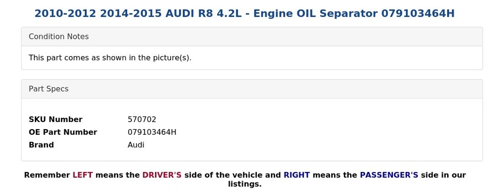 Audi R8 2010-2012 2014-2015 4,2 L - Separador de aceite del motor 079103464H Foto 4 de 4