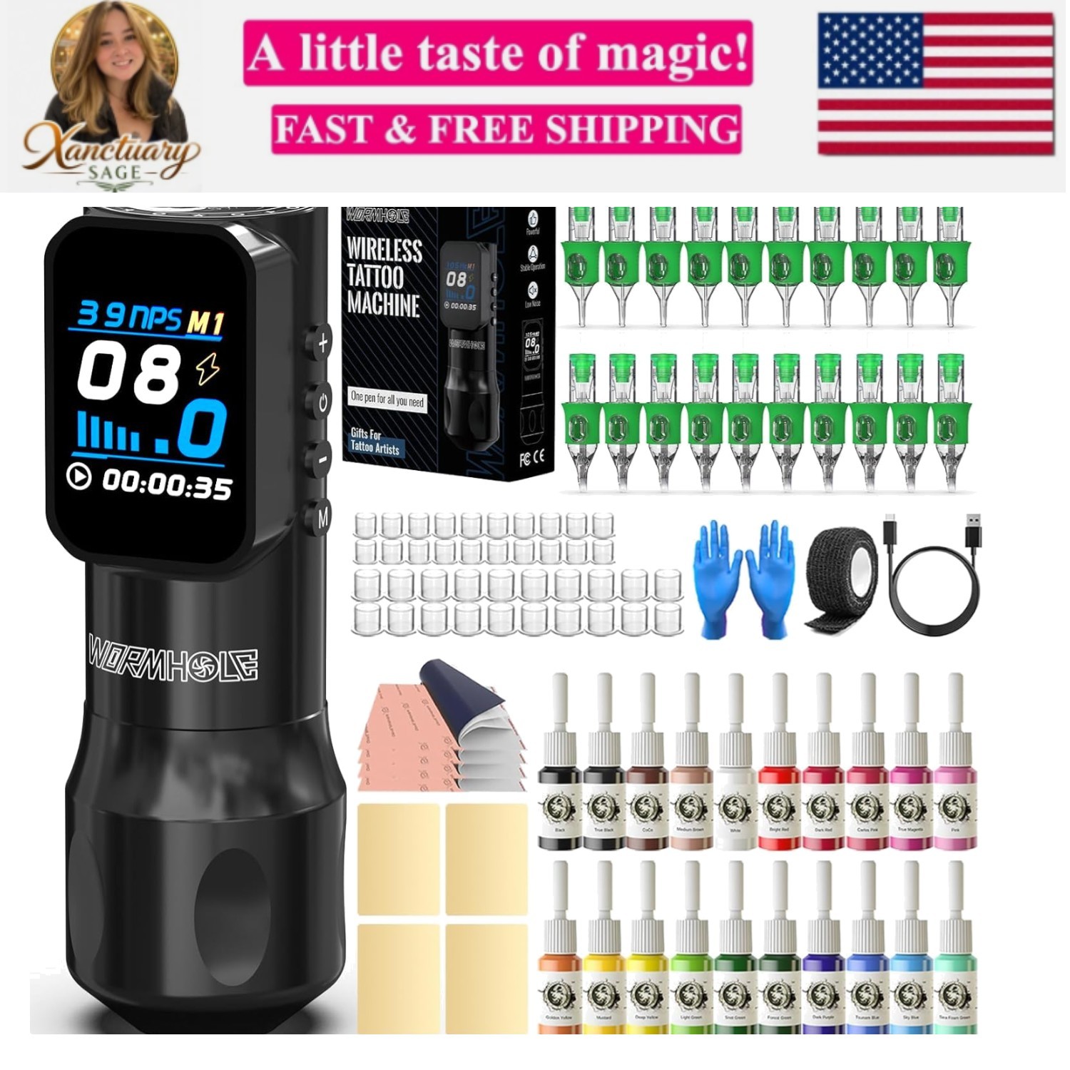 Gun, Tattoo Kit with 20pcs Tattoo Needles, 20pcs Tattoo Ink, 1500mAh Tattoo P... - Thumbnail 1