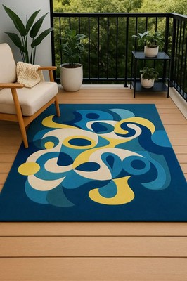 Mid Century Modern Outdoor Teppich | Blau Gelb Abstrakt Terrassen Dekor