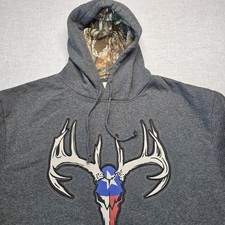 Buck Wear Hoodie Mens XXL American Flag Deer Skull Realtree Camo Dark Gray