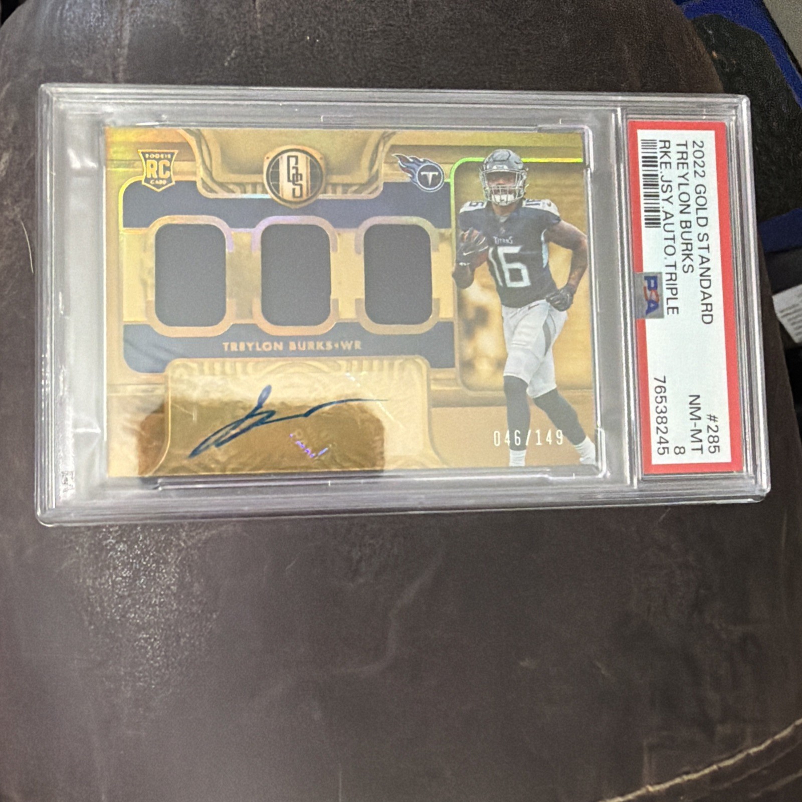 2022 Gold Standard Treylon Burks Rookie Halo Triple Patch Auto /149 #285 PSA 8 view 4