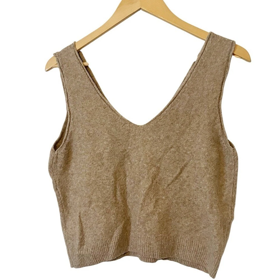 Camiseta sin mangas corta Tahari beige tostado mezcla de lana sin mangas cuello en V talla mediana Foto 2 de 4
