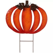 Metal Pumpkin with Stamped Leaves Garden Stake  20"