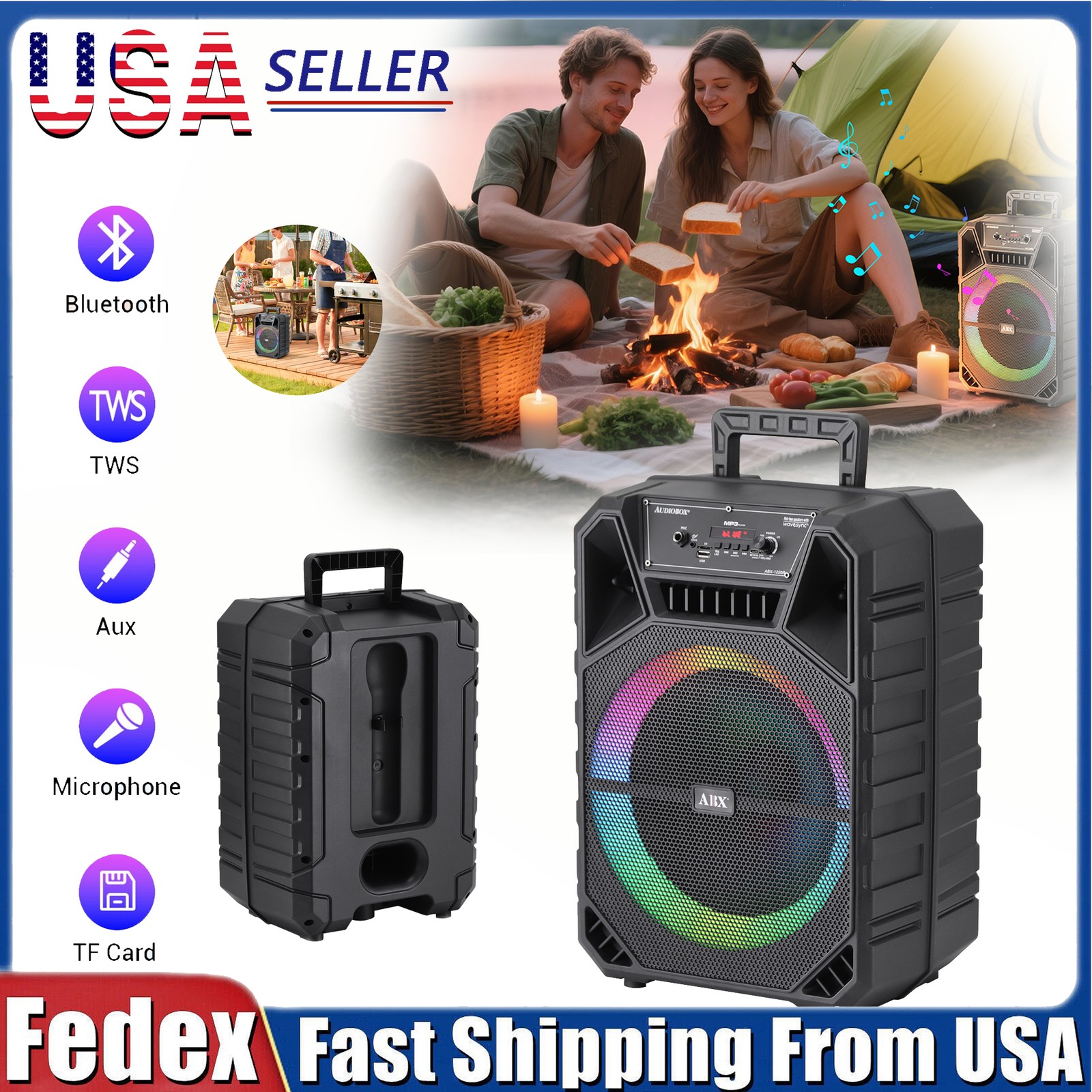 12" Portable Bluetooth Party Speaker Heavy Bass w/ Mic Remot