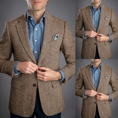 Tweed Men's Blazer Vintage Slim Notch Lapel Jacket Stylish Khaki Casual Coat