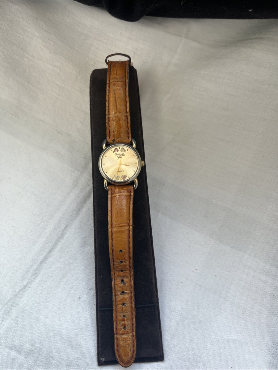 Vintage 12k Black Hills Gold Leaves Womens Watch. Leather 