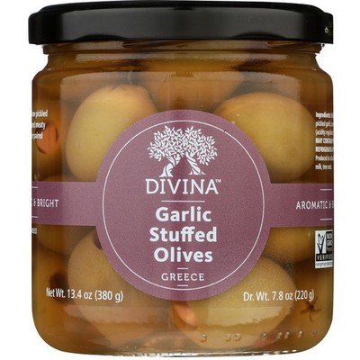 Divina Garlic Stuffed Olives Green Organic 7.8 Oz Snack