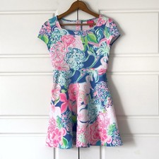 Lilly Pulitzer Floral Fit  Flare Dress Girls 12 Pink Blue Arya Peony Party
