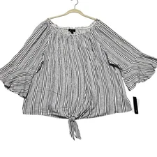 NEW AB Studio Woman 3X Striped Tie Front Off Shoulder Flounce Sleeve Top Blouse