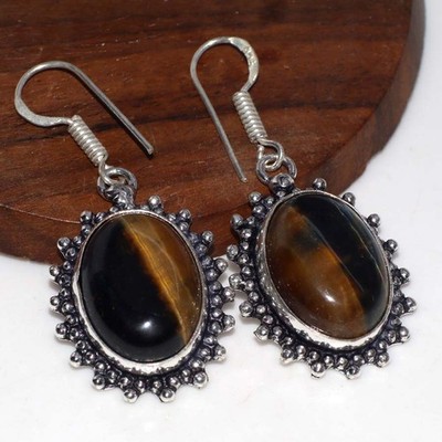 925 Silver Plated Xtreme Black Tiger Eye Earrings Jewelry Size 1.8'' GW