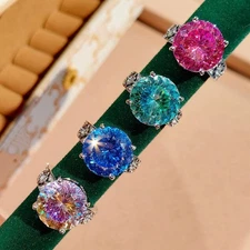 New 12mm High Carbon Fireworks Cut Klein Blue Topaz Gems Women Girls Silver Ring