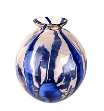 Vintage Kralik Bambus Art Glass Vase Czech Blue & Blush 8"