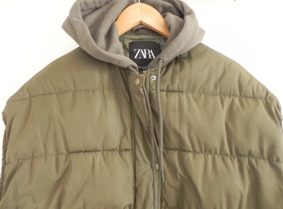 Zara SUPEROVERSIZED Vest Quilted Hooded Pockets Olive Green Full Zip Size XS - Image 2 of 4
