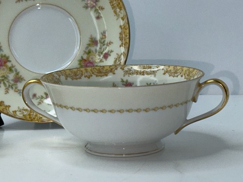 Rare Noritake #33 Yellow Scrolls, Beaded Ring Florals Double Handle Cups Saucers - Picture 3 of 7