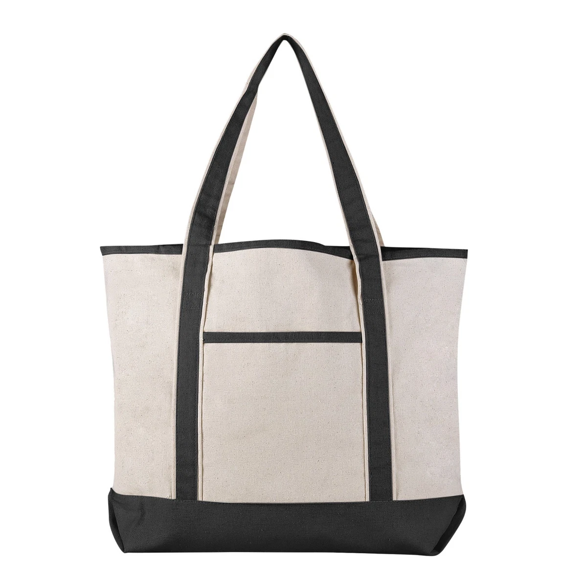 Black Large Tote Bag, Natural 100% Cotton Black Canvas Zipper Tote