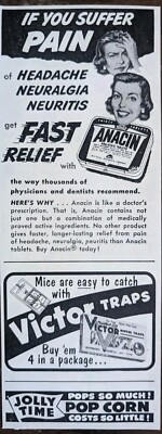 Anacin, Victor Mousetraps, and Jolly Time Popcorn 1953 Vintage Print Ads