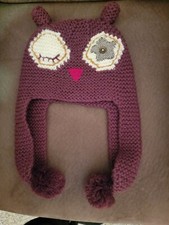 Brown / Tan Owl Beanie Hat w/ Pom Ears Knit Cute