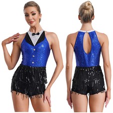 Women Bodysuit Tassel Costume Tango Leotard Sparkling Rompers Rumba Dancewear