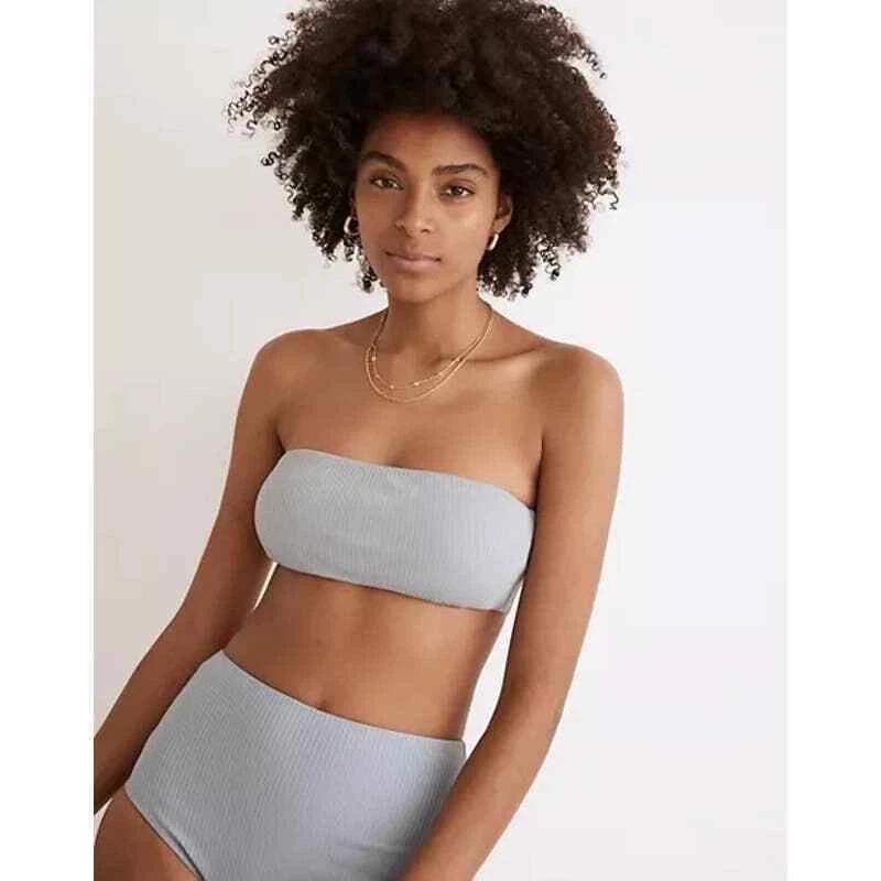 Top de bikini Madewell segunda onda acanalado con correa de espagueti bandeau para mujer XS Foto 2 de 4