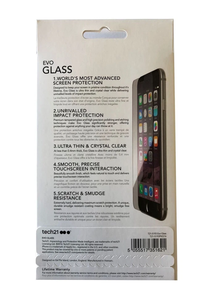 Genuine Tech21 Evo Glass Impact Resist Tough Screen Protector For iPhone 6 & 6s - Image 2 of 2