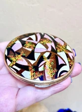 Very Pretty Mid-Century Vintage KIGU Pink, Black, Gold Floral Powder Compact