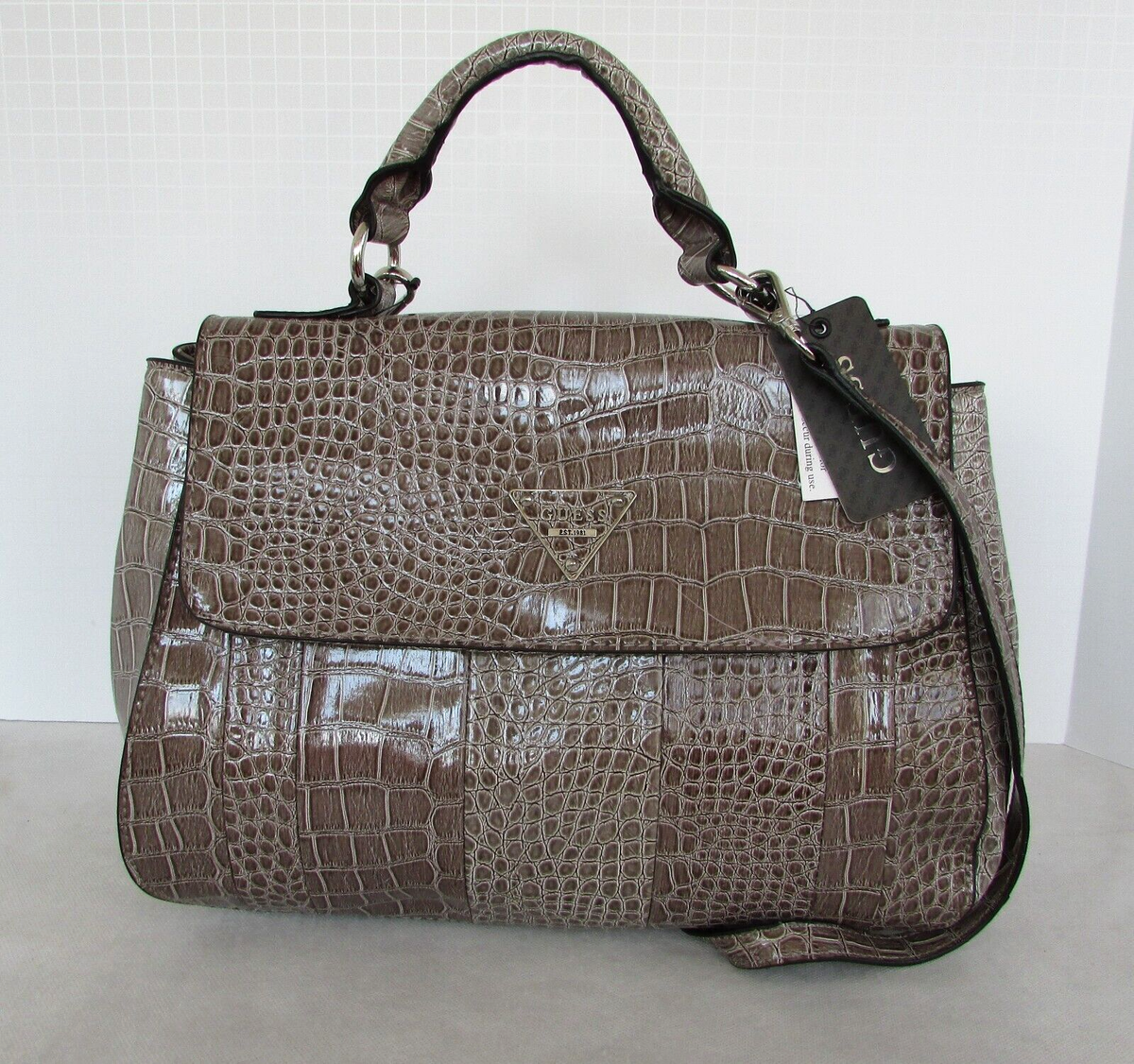 GUESS Satchel Handbag Crossbody Bag Patent Croc Embossed Purse Taupe  Bayview NWT