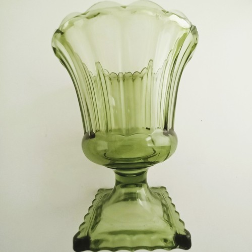VTG Hazel Atlas Avocado Green Glass Footed Planter Vase ATC50 Square Base - Picture 8 of 10