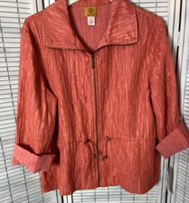 Nwt Ruby Road Wrinkled Womens  Sz 14 Zip Jacket Coral W/ Long Roll Tab Sleeves