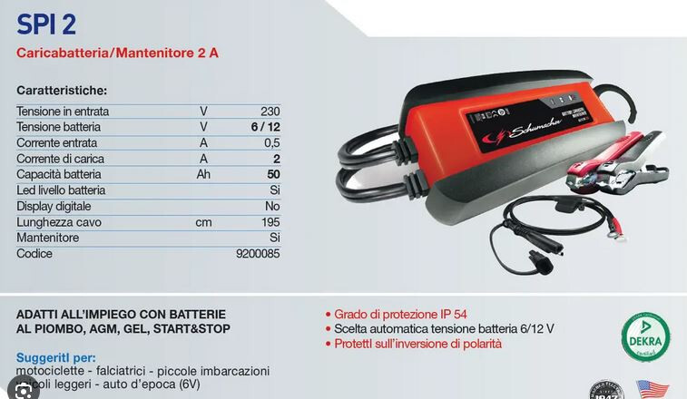 CARICABATTERIA E MANTENITORE DI CARICA SCHUMACHER SPI2 6/12 V 2A PER BATTERIE - Foto 2 di 2